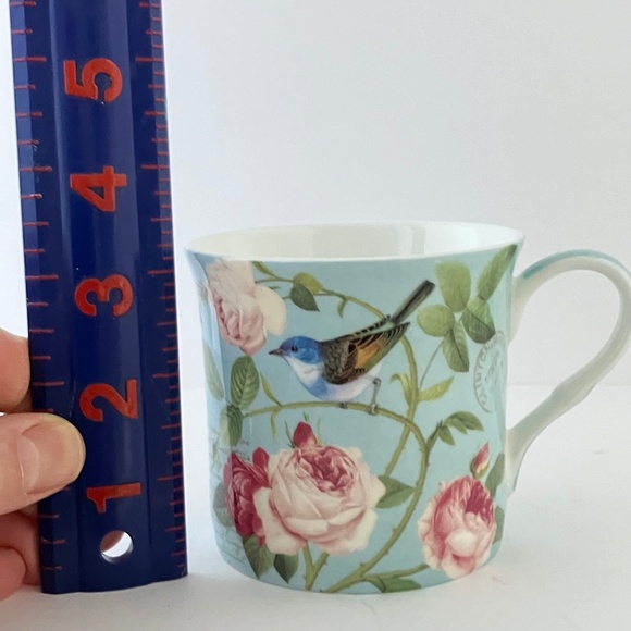 Blue Bird perched on Floral Roses Coffee/Tea Mug, Fine Bone Tea Cup - Picture 4 of 12
